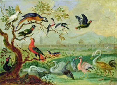 Birds from the Four Continents in a Landscape with a View of Peking in the Background by Ferdinand van Kessel